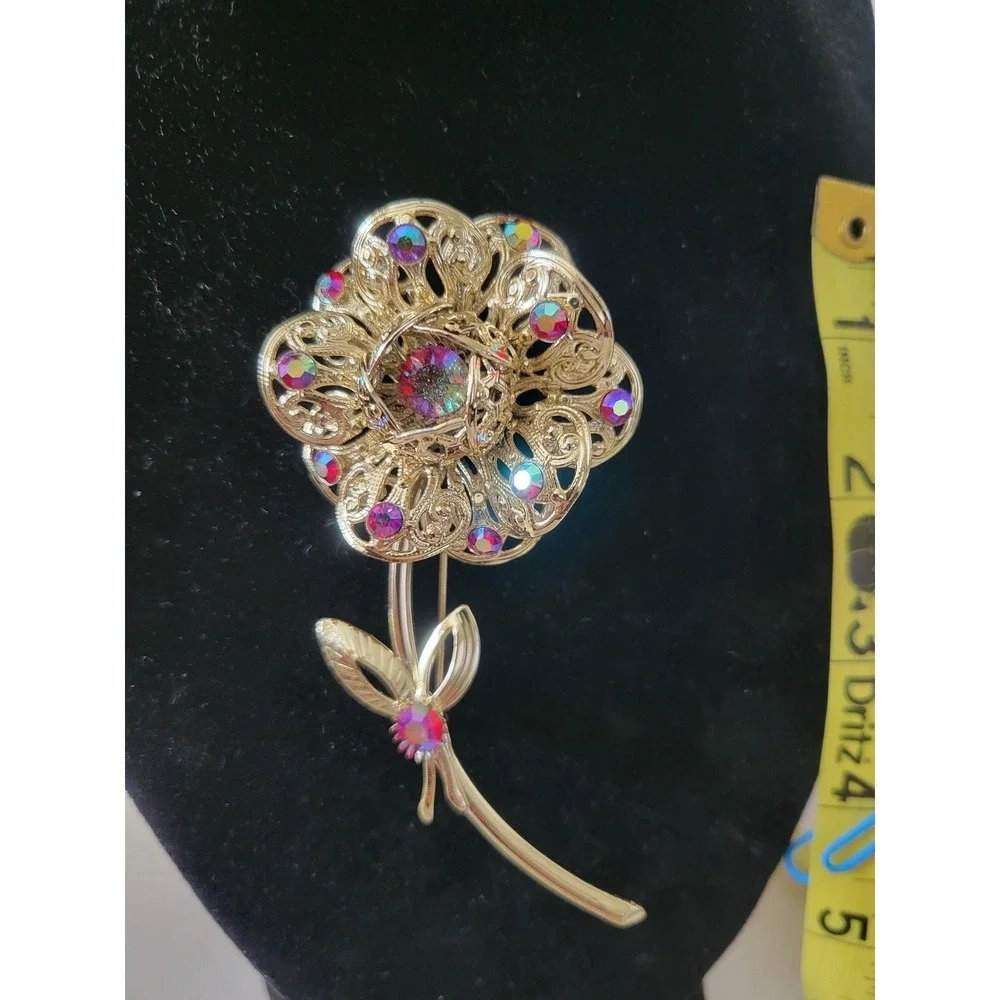 Vintage Gold Tone Filigree Flower Brooch Pin Aurora Borealis Rhinestones